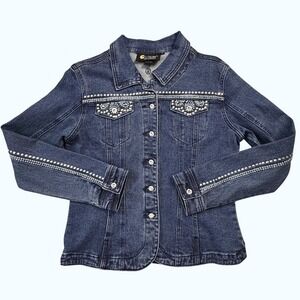 Christine Alexander Embellished Denim Jacket Rhinestone Studded Blue Medium